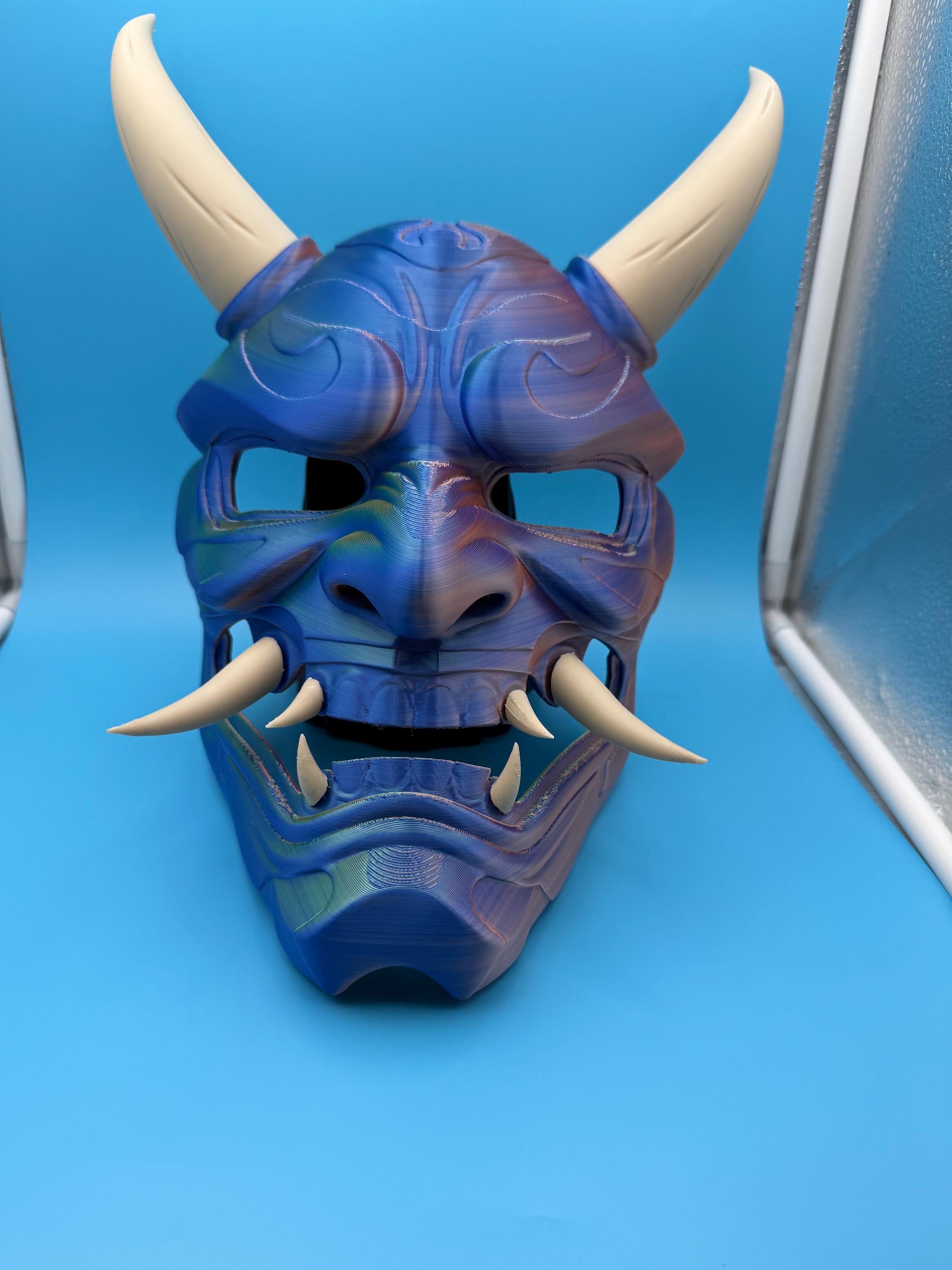 Japanese-Inspired Oni Demon Mask | 3D Printed Cosplay / Display Mask | blue & Bone