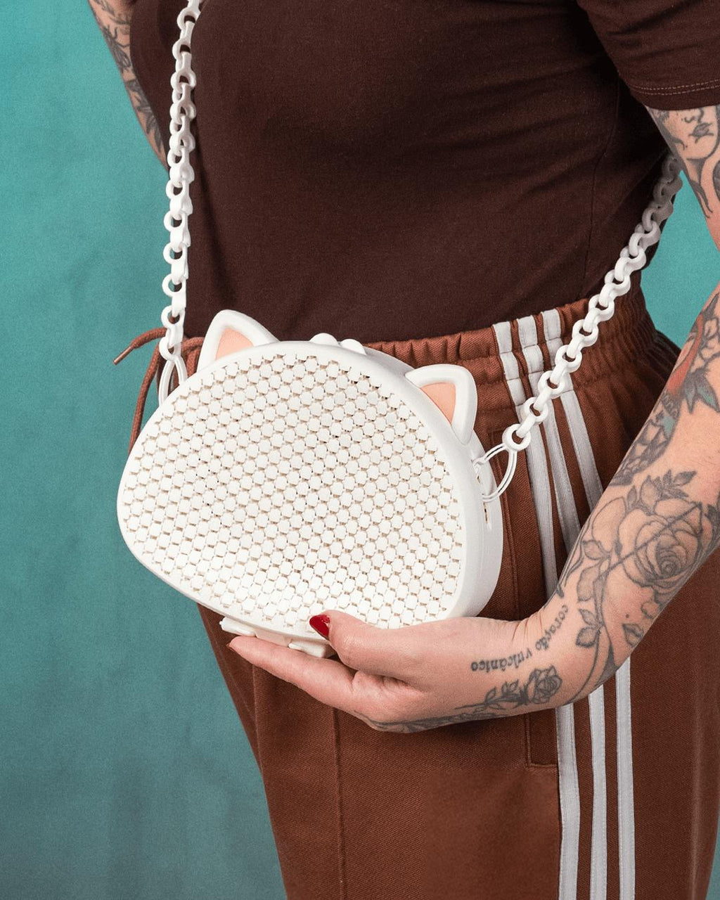 Cat Purse Crossbody Bag with Chain Strap — Woven Lattice Kitten Clutch — Cat Mom Gift