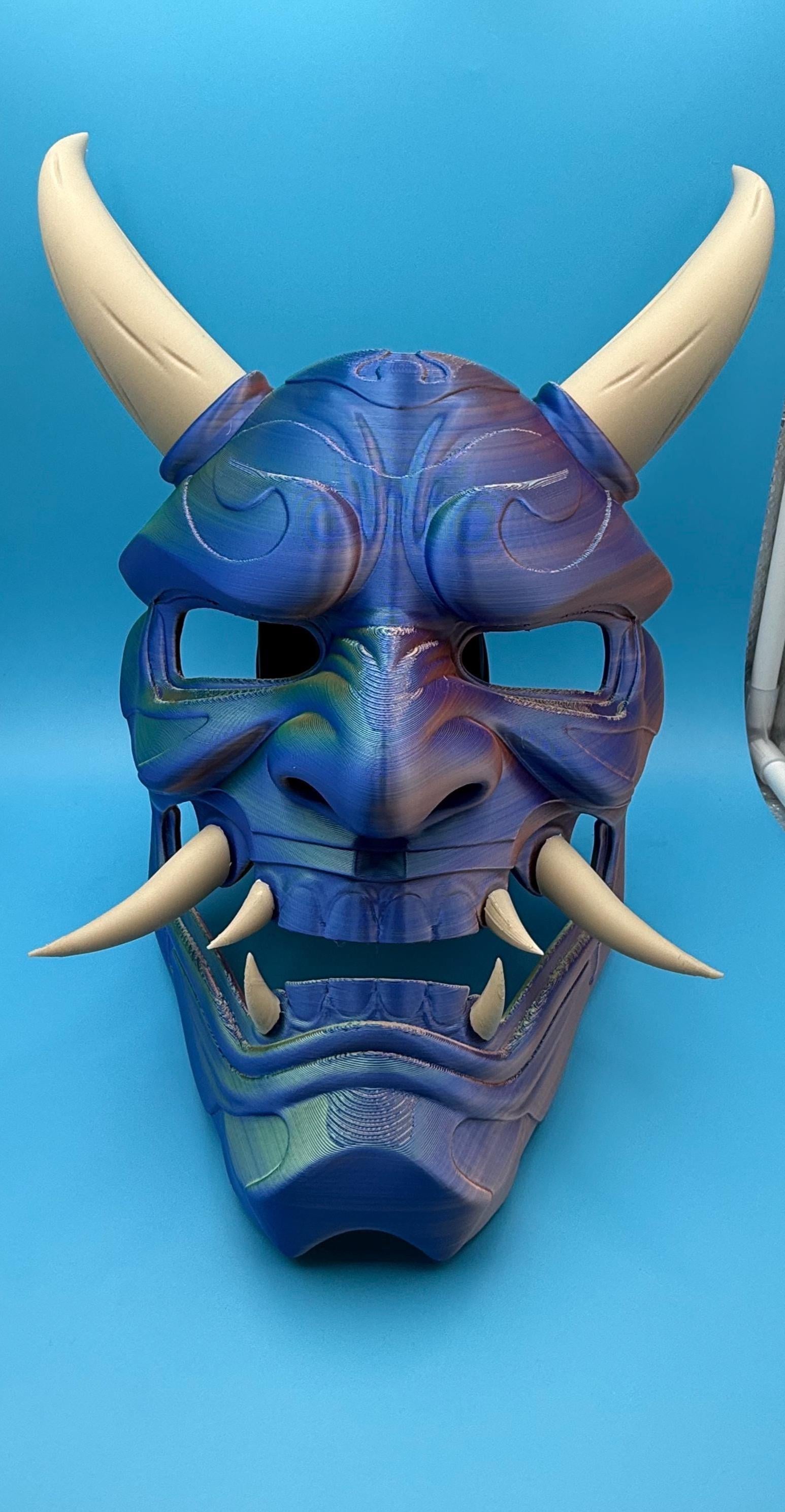 Japanese-Inspired Oni Demon Mask | 3D Printed Cosplay / Display Mask | blue & Bone
