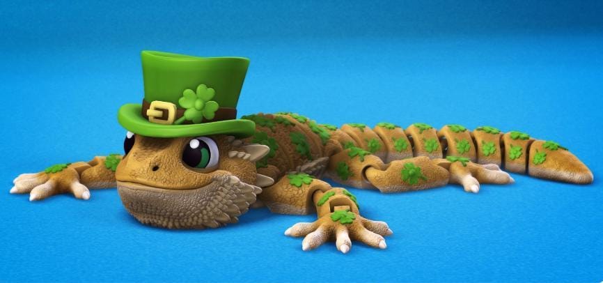 Flexi Bearded Dragon St. Patrick's Day Toy | Articulated 3D Printed Lizard with Leprechaun Hat