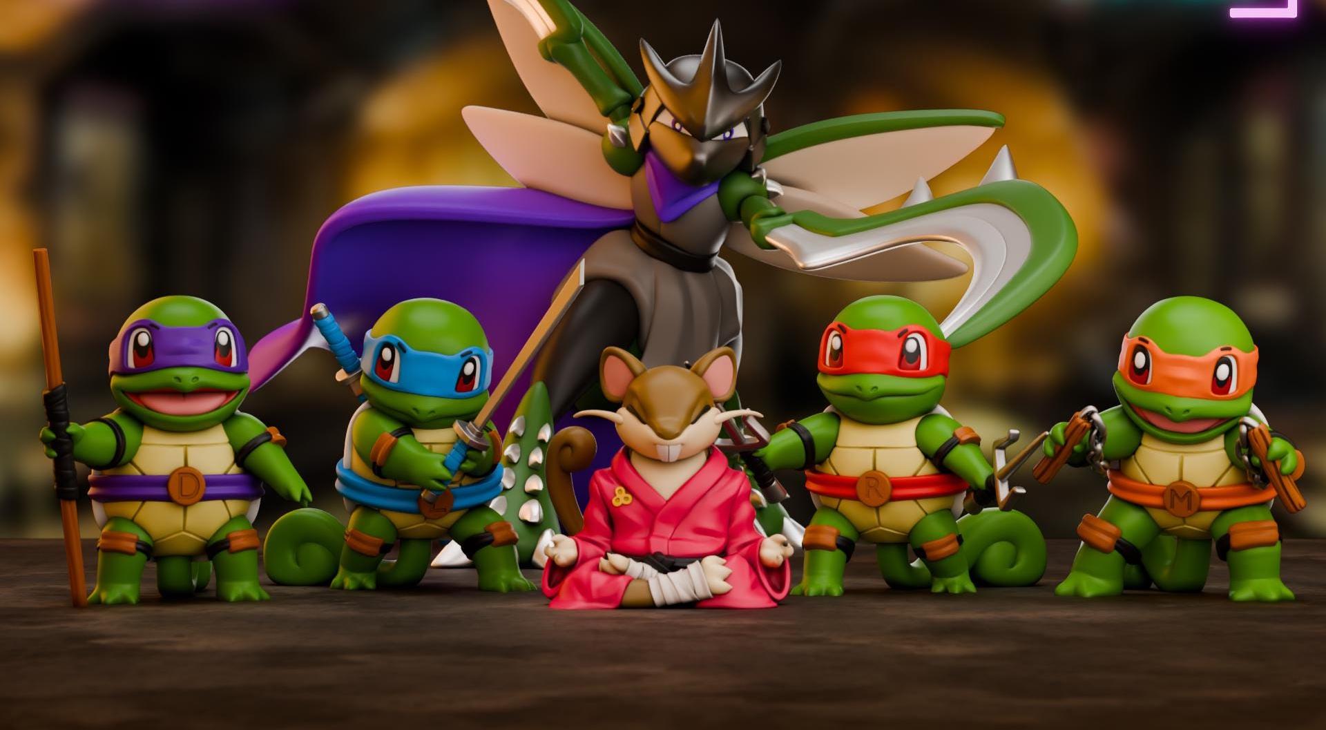 TMNT x PokEmon Mashup Figure Set  Fan Art Collectibles Nostalgic Crossover Display