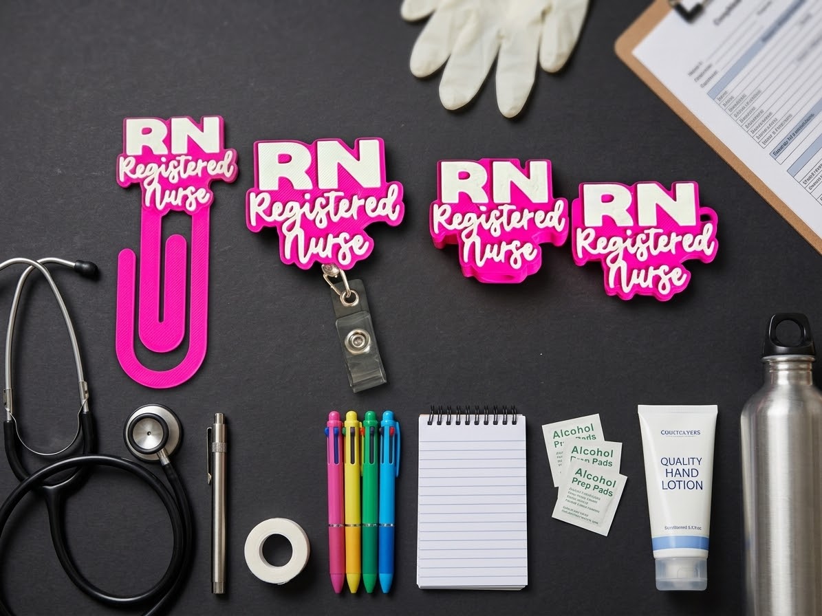 RN Registered Nurse Badge Reel, Bookmark & Straw Topper | Nurse Appreciation Gift | 3D Printed Pink Nursing Accessories | Nurse Grad Gift