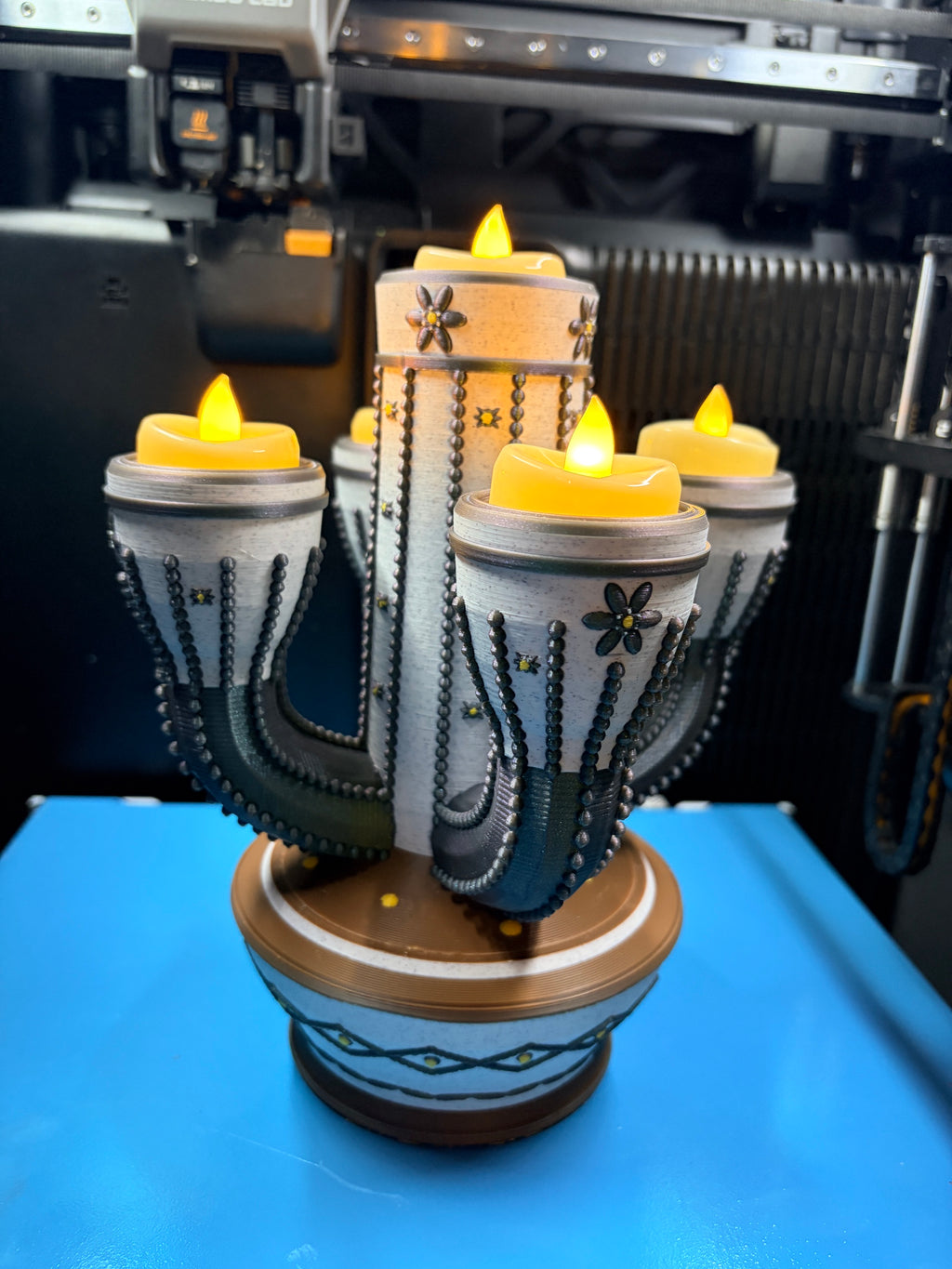 Cactus Tea Light Candle Holder | Southwestern 3D Printed Decor | 5-Light LED Candelabra