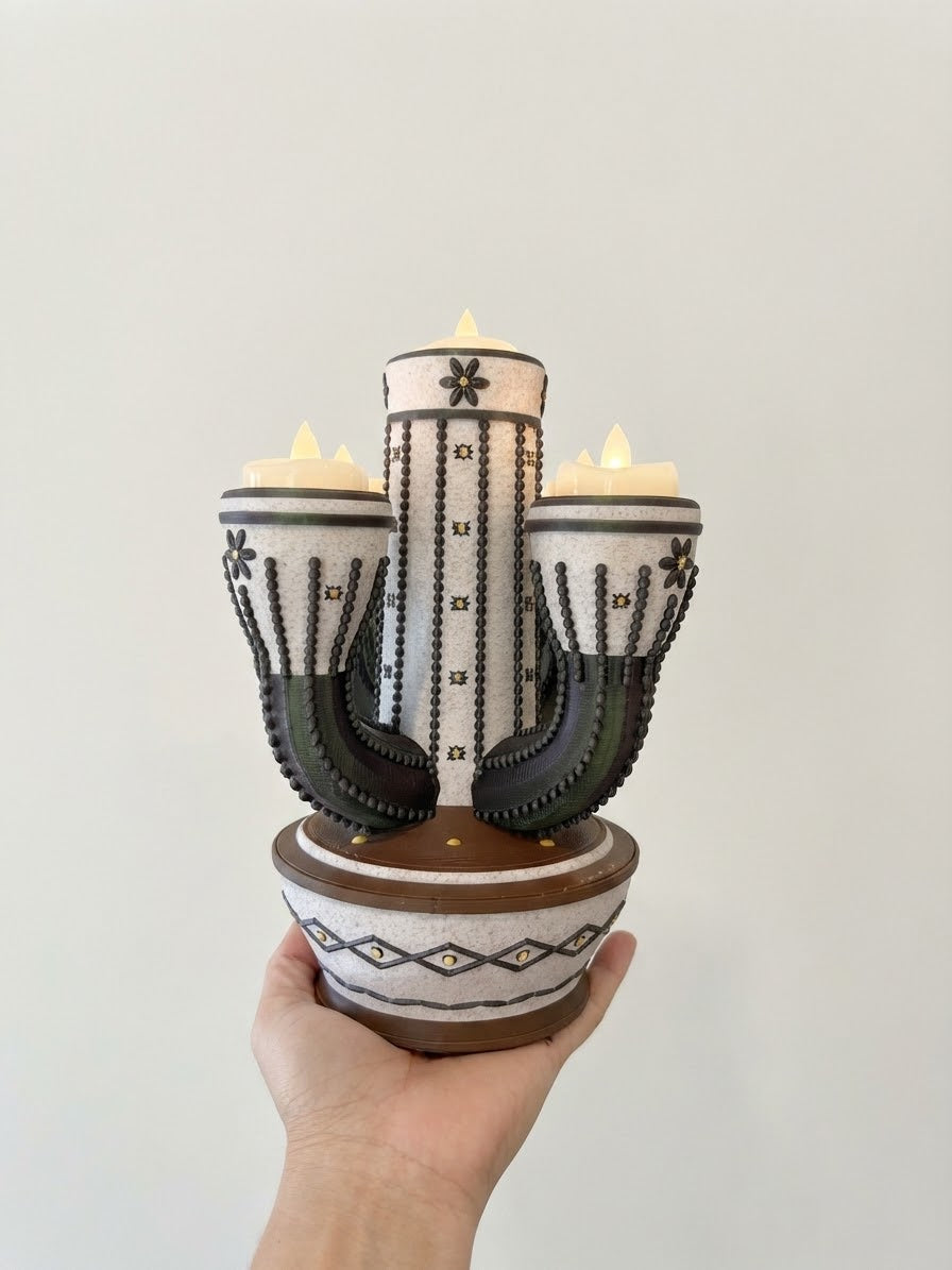 Cactus Tea Light Candle Holder | Southwestern 3D Printed Decor | 5-Light LED Candelabra