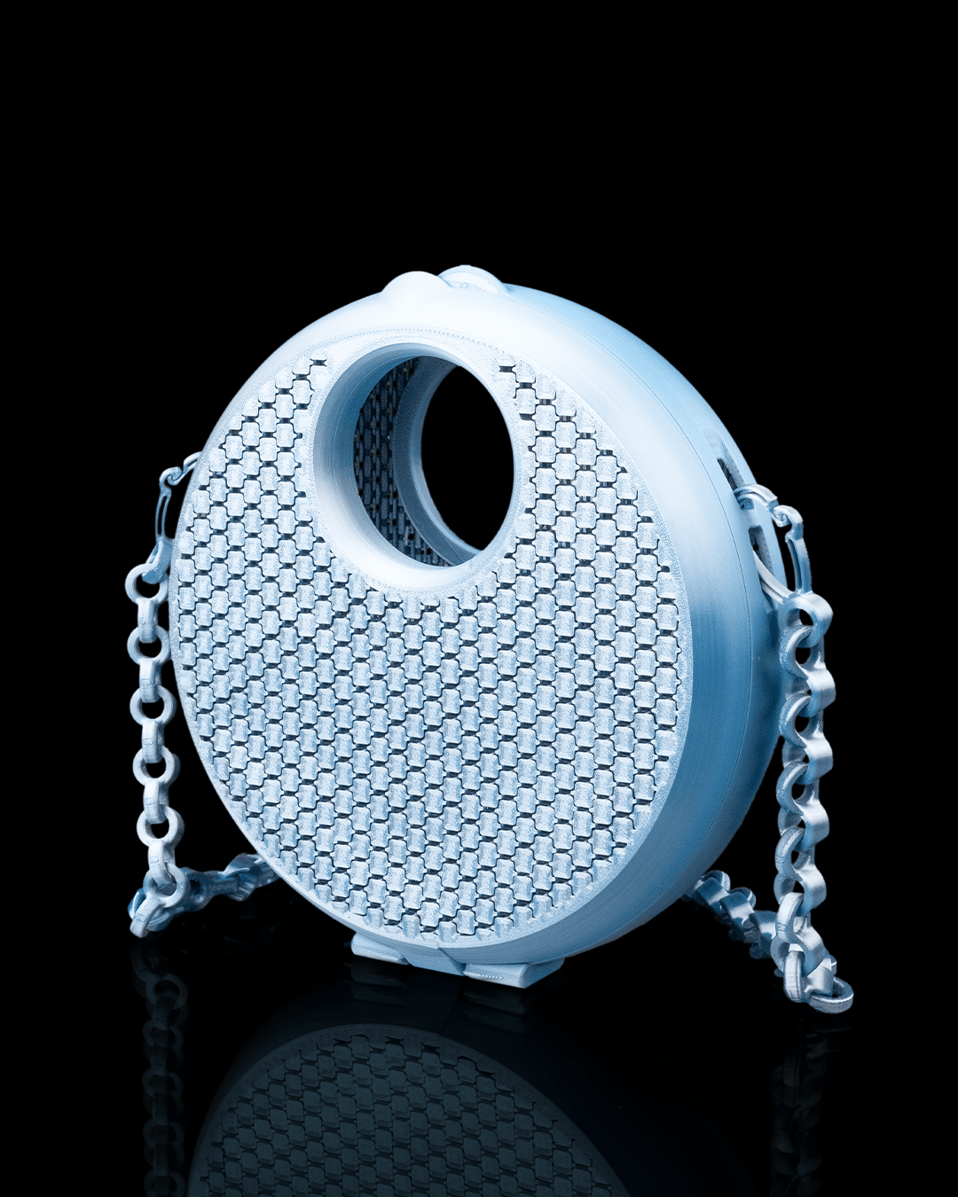 3D Printed Round Purse | Luna Mesh Circle Bag | Full Moon Handbag with Cutout Handle & Chain Strap