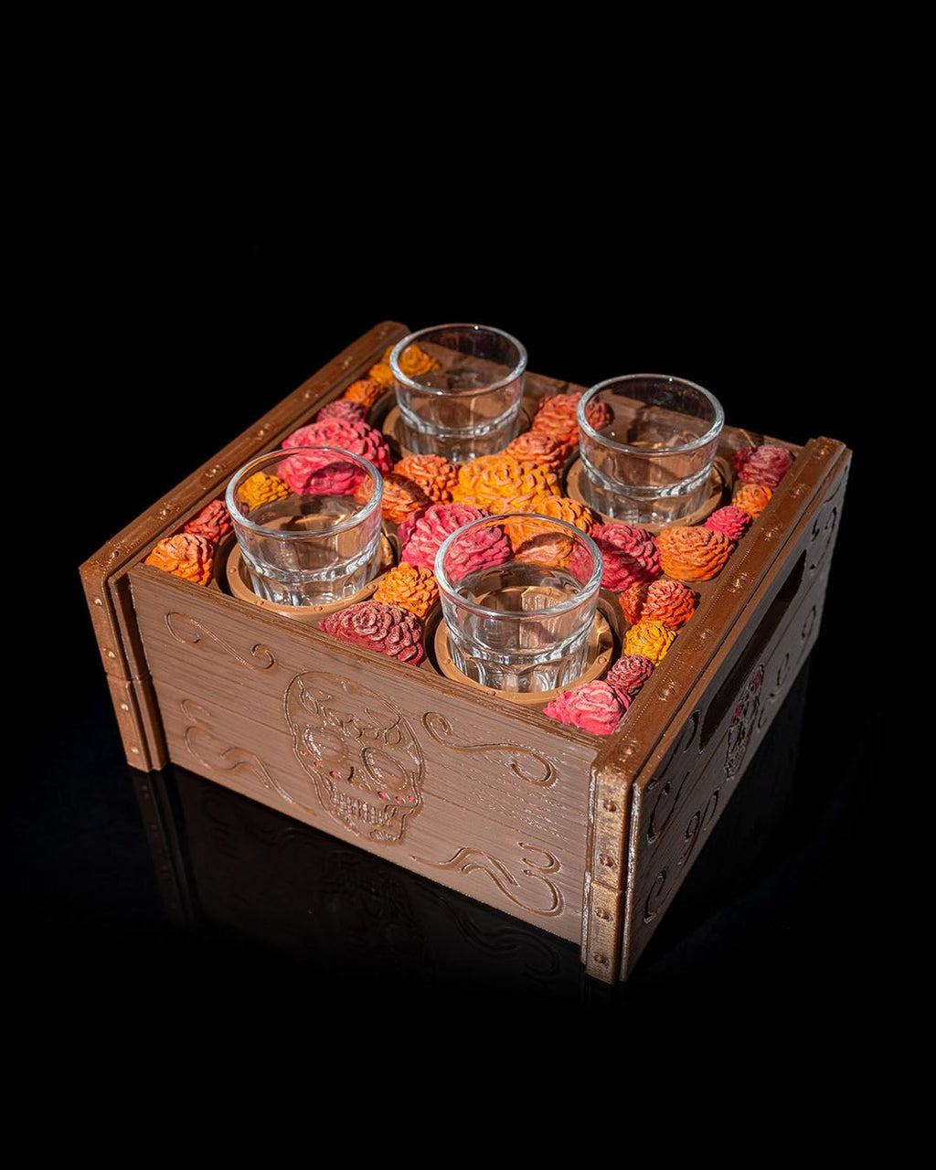 Day of the Dead Tequila Shot Glass Holder | Ofrenda Sugar Skull Marigold Crate | Dia de los Muertos Barware | Holds 4 Standard Shot Glasses