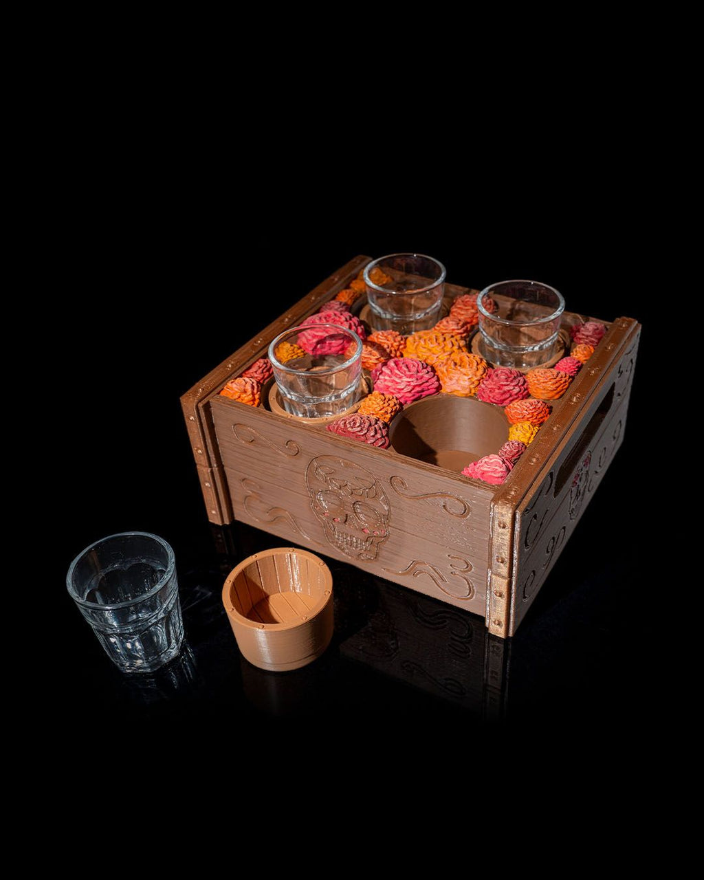 Day of the Dead Tequila Shot Glass Holder | Ofrenda Sugar Skull Marigold Crate | Dia de los Muertos Barware | Holds 4 Standard Shot Glasses