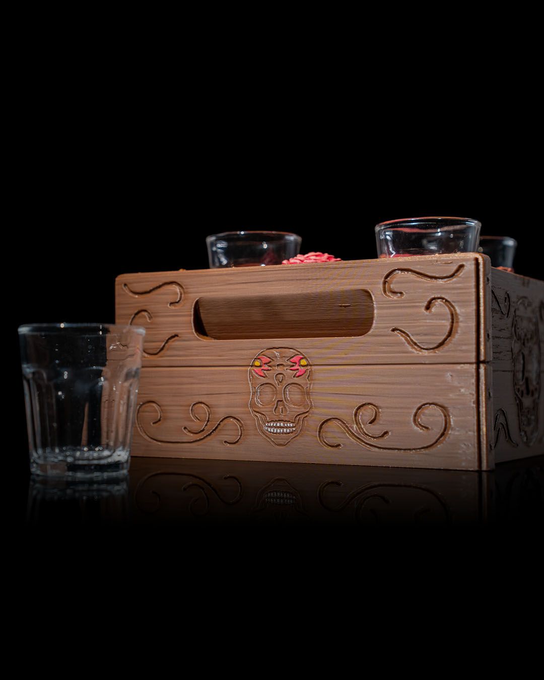 Day of the Dead Tequila Shot Glass Holder | Ofrenda Sugar Skull Marigold Crate | Dia de los Muertos Barware | Holds 4 Standard Shot Glasses
