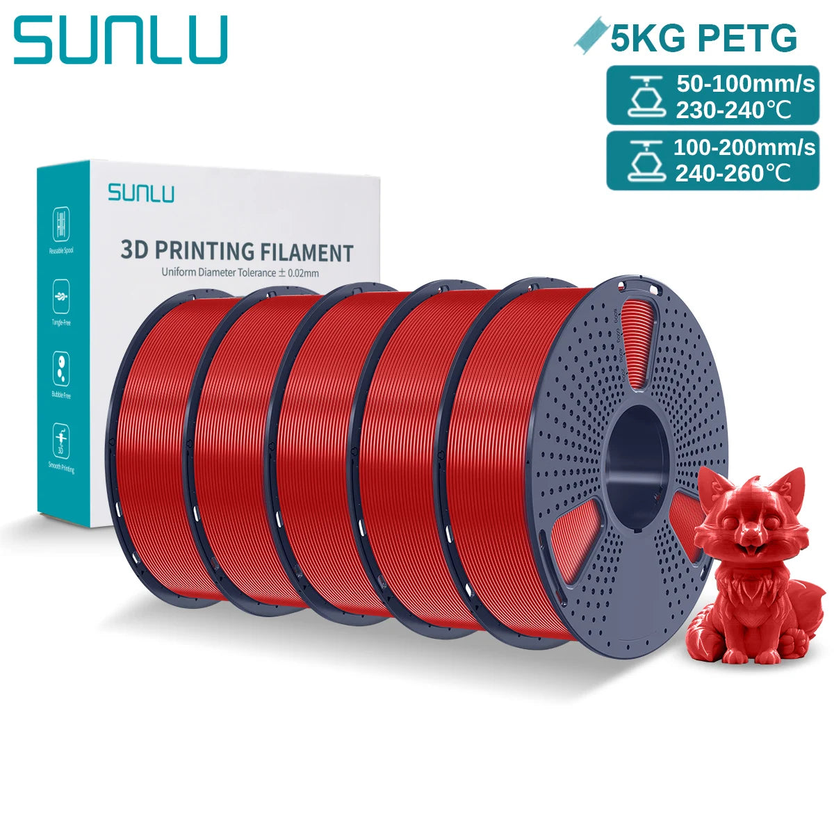 SUNLU PETG 3D Printer Filament 5KG Neatly Wound Good Toughness 1.75mm 3D Filament with Reusable Spool for Most FDM Printer