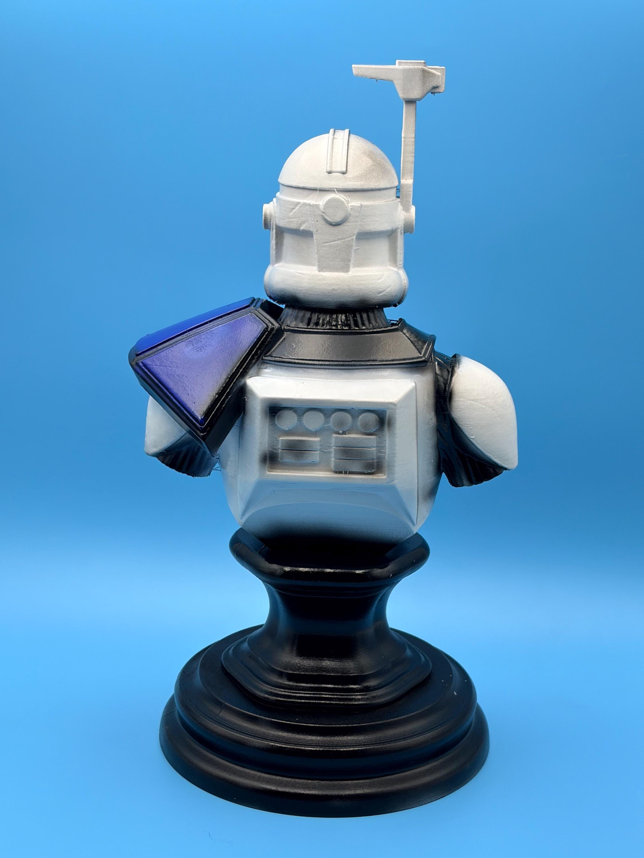 Clone Commander Helmet Bust – Blue Battle-Worn 3D Printed Decor