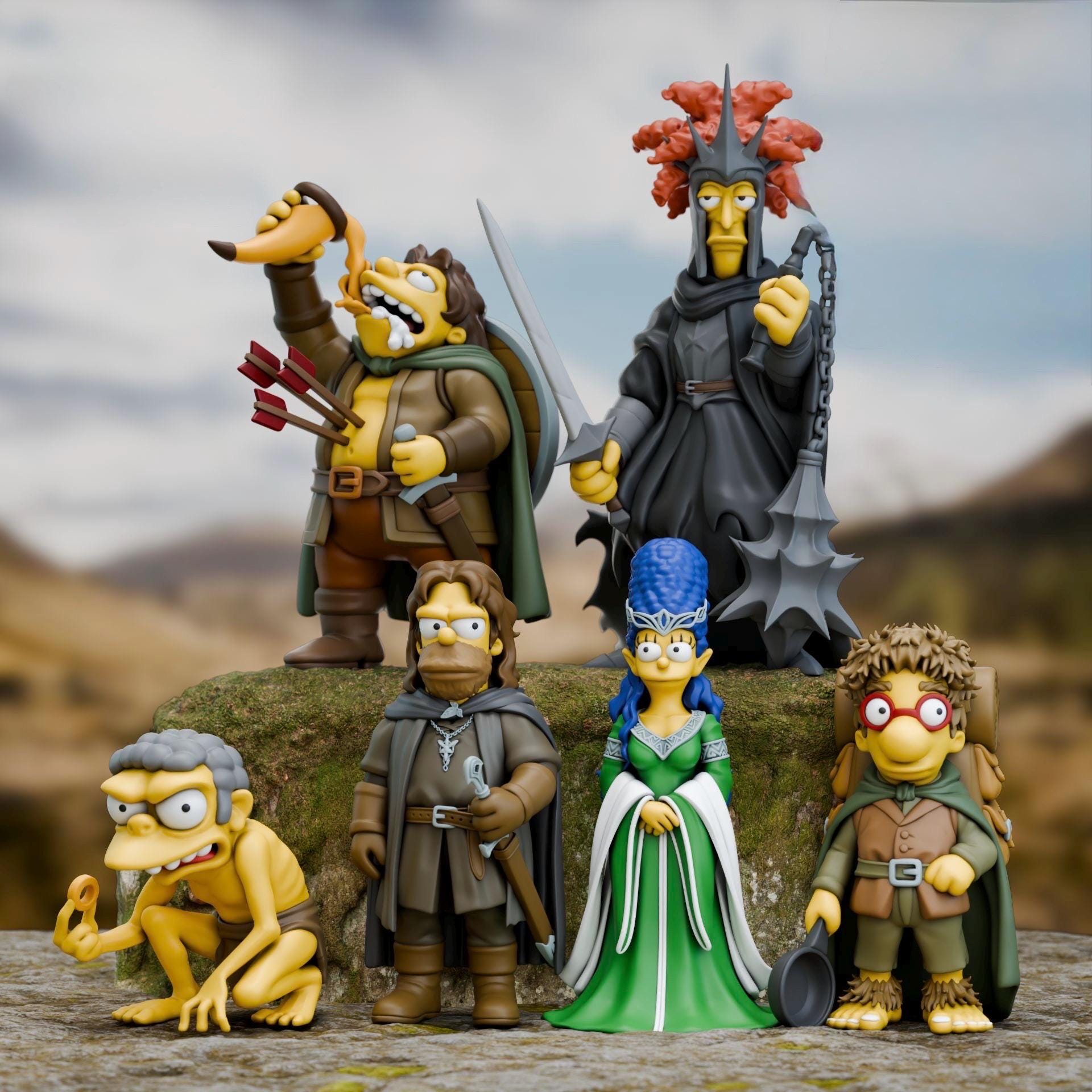 Shire Meets Springfield Figure | 3D Printed Multicolor Cartoon Fantasy Crossover | Choose Your Character | Collectible Mashup