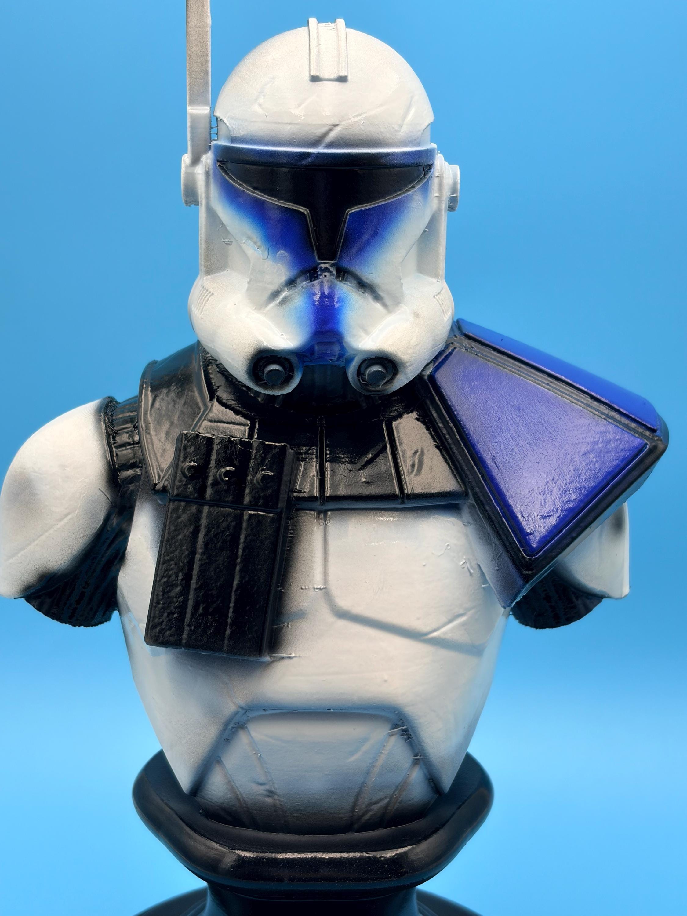Clone Commander Helmet Bust – Blue Battle-Worn 3D Printed Decor