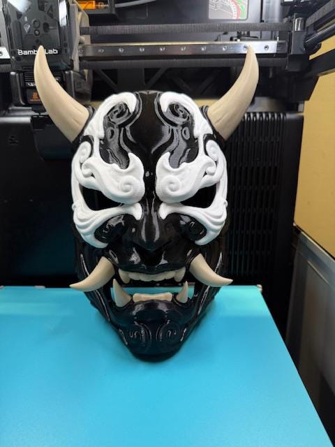 Japanese-Inspired Oni Demon Mask | 3D Printed Cosplay / Display Mask | Black & Bone