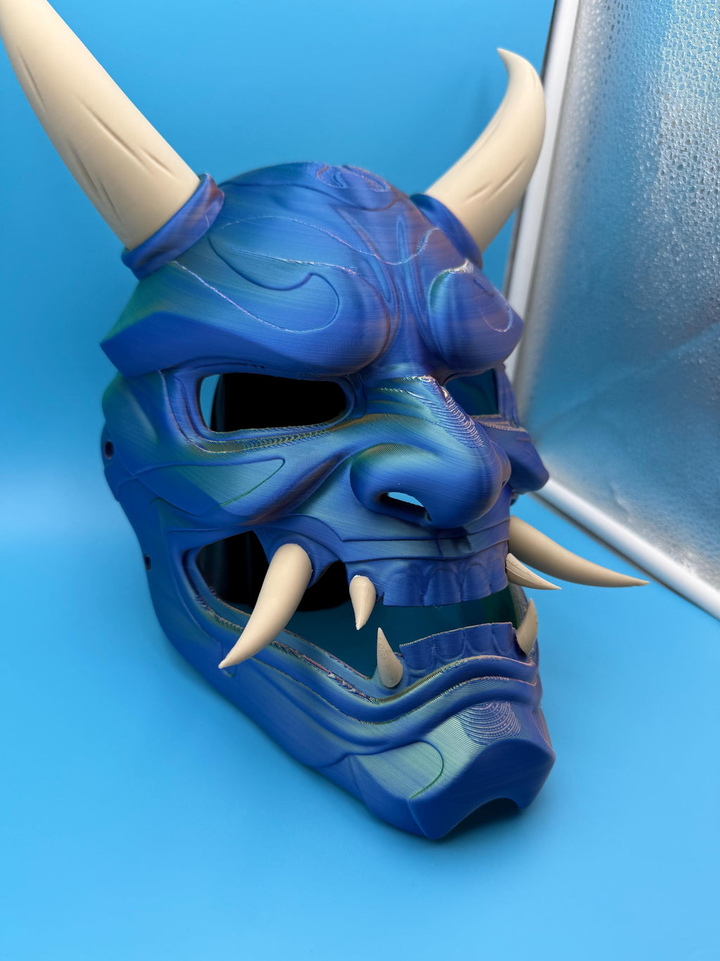 Japanese Oni Demon Mask | 3D Printed Cosplay &amp; Display Mask | Blue and Bone Horned Demon | Veteran Made