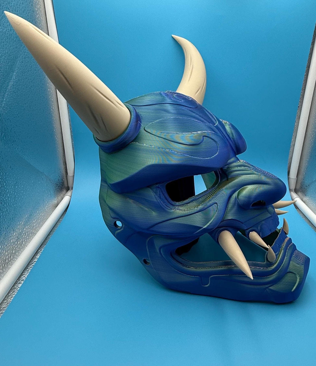 Japanese Oni Demon Mask | 3D Printed Cosplay &amp; Display Mask | Blue and Bone Horned Demon | Veteran Made