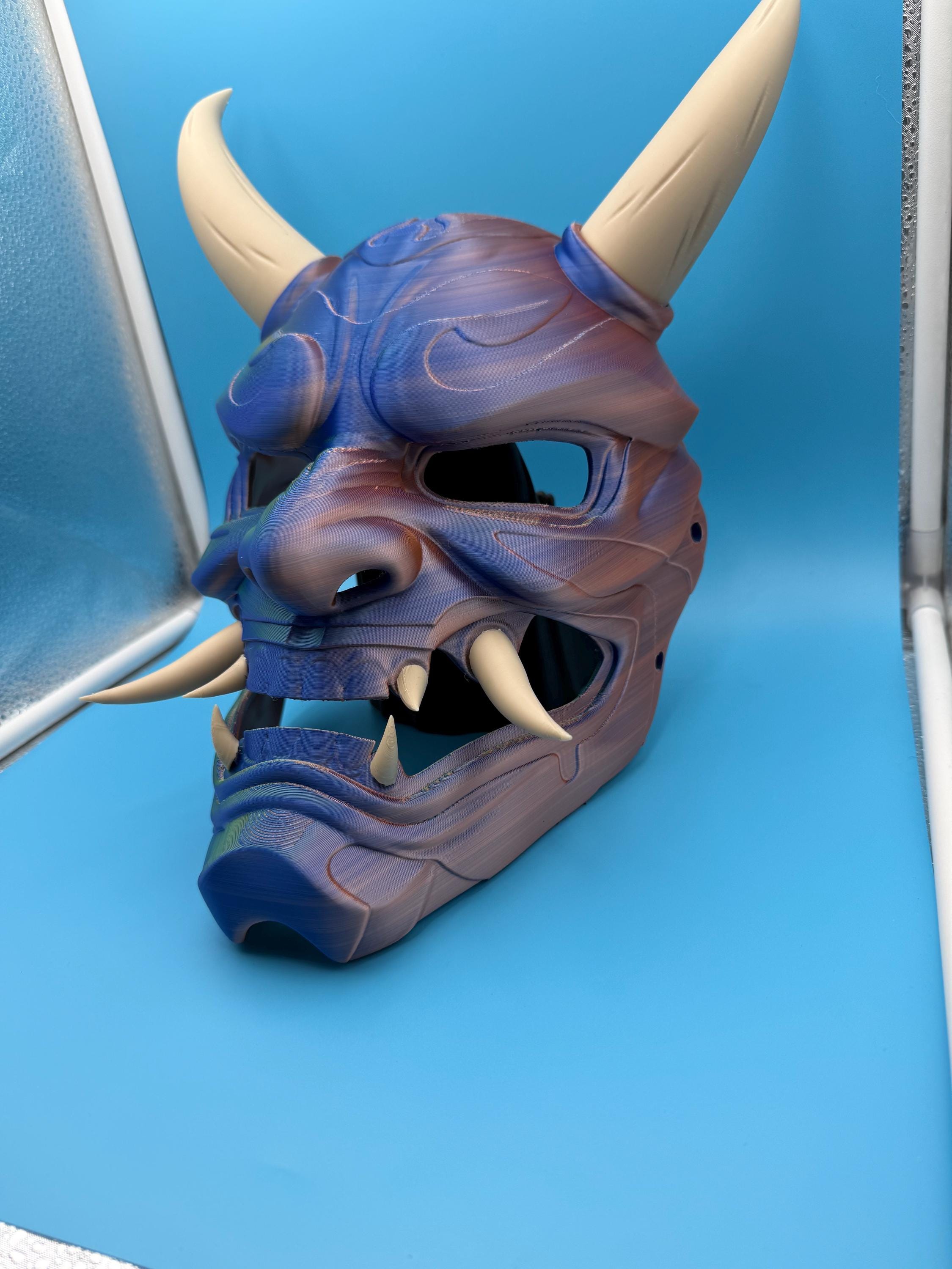 Japanese Oni Demon Mask | 3D Printed Cosplay &amp; Display Mask | Blue and Bone Horned Demon | Veteran Made