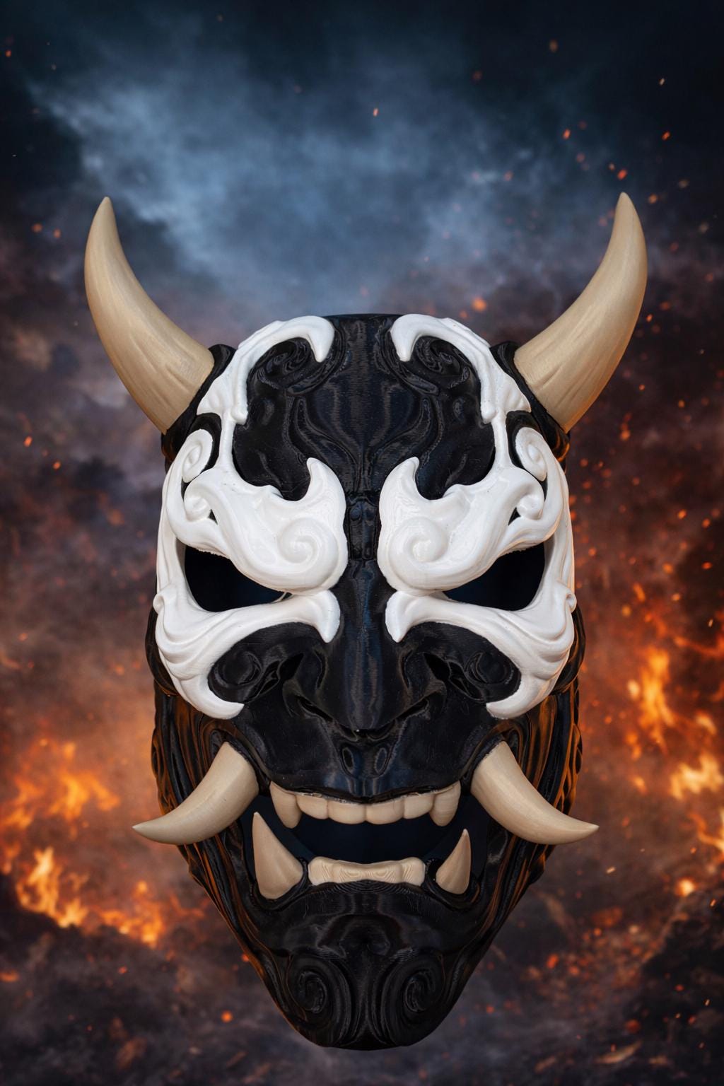 Japanese-Inspired Oni Demon Mask | 3D Printed Cosplay / Display Mask | Black & Bone