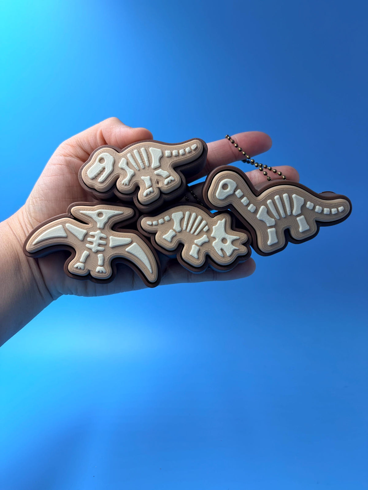 Dinosaur Fossil Skeleton Keychain | Two-Tone 3D Printed Bag Charm (T-Rex, Triceratops)