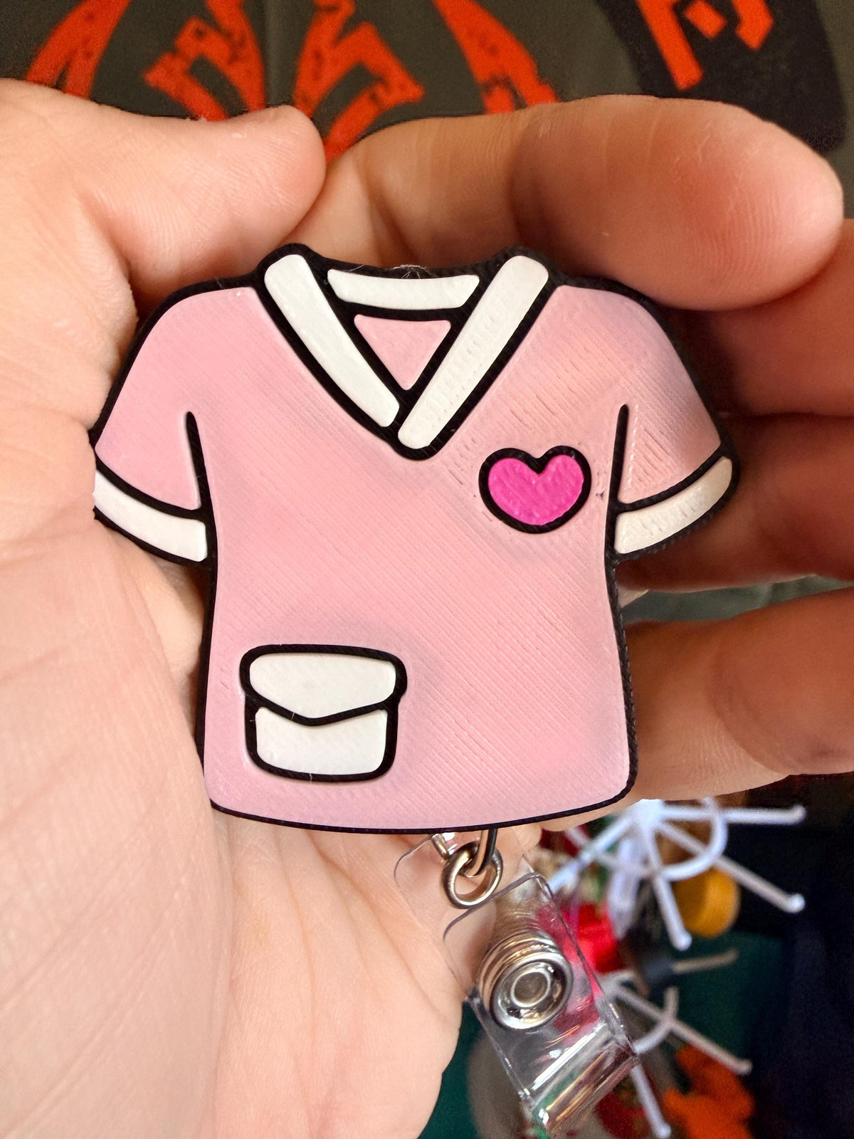 Pink Scrubs Badge Reel | Heart Pocket Retractable ID Holder for Healthcare Professionals
