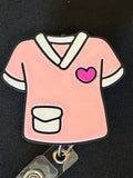 Pink Scrubs Badge Reel | Heart Pocket Retractable ID Holder for Healthcare Professionals