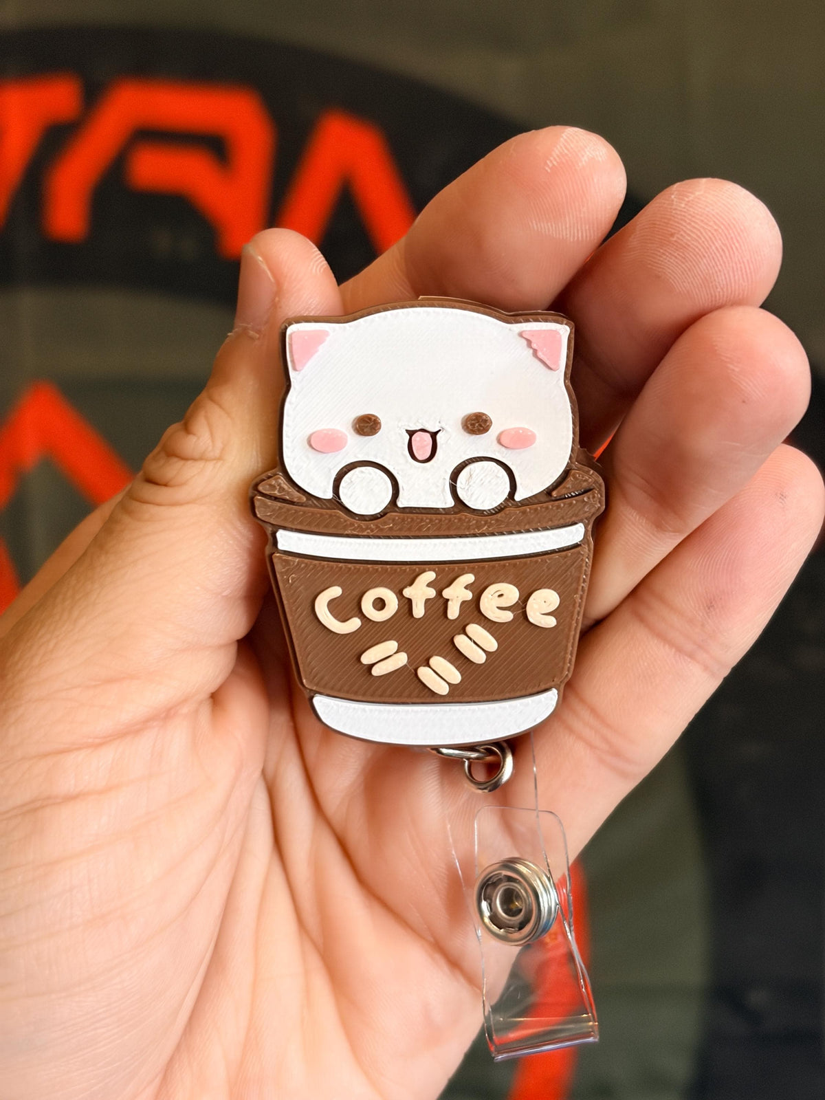 Kawaii Coffee Cat Badge Reel | Retractable ID Holder for Coffee Lovers