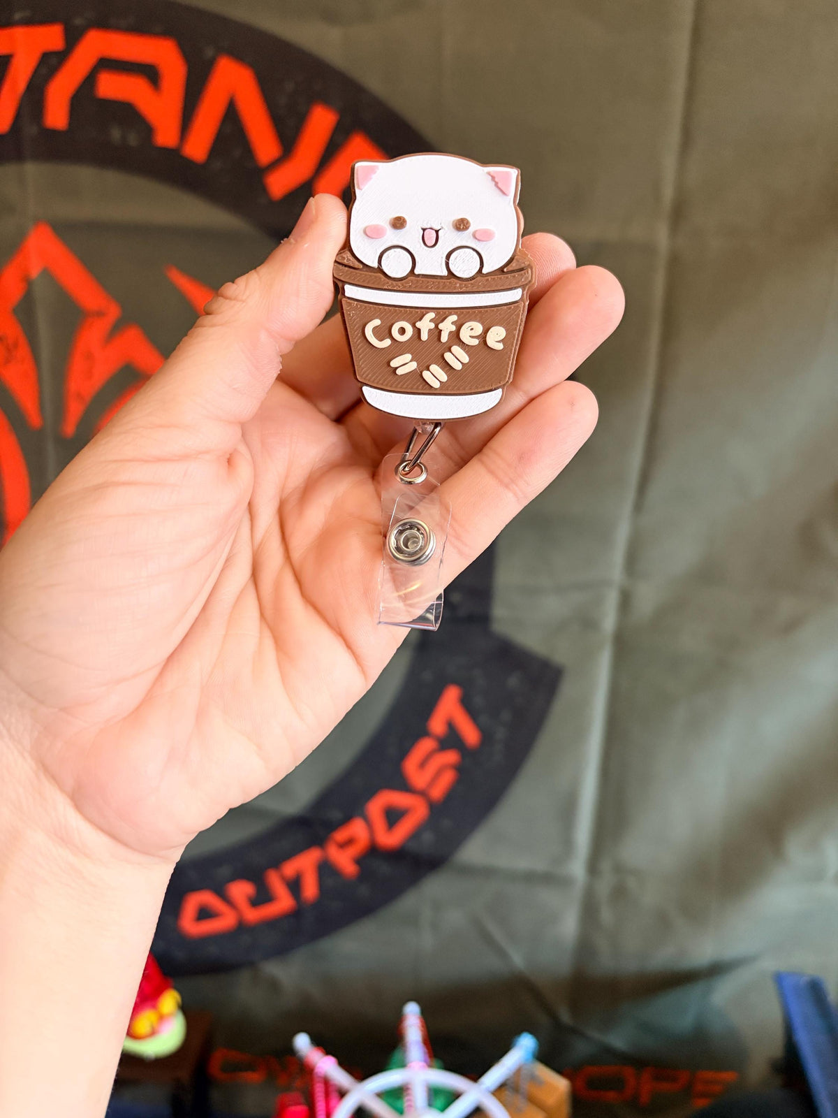 Kawaii Coffee Cat Badge Reel | Retractable ID Holder for Coffee Lovers