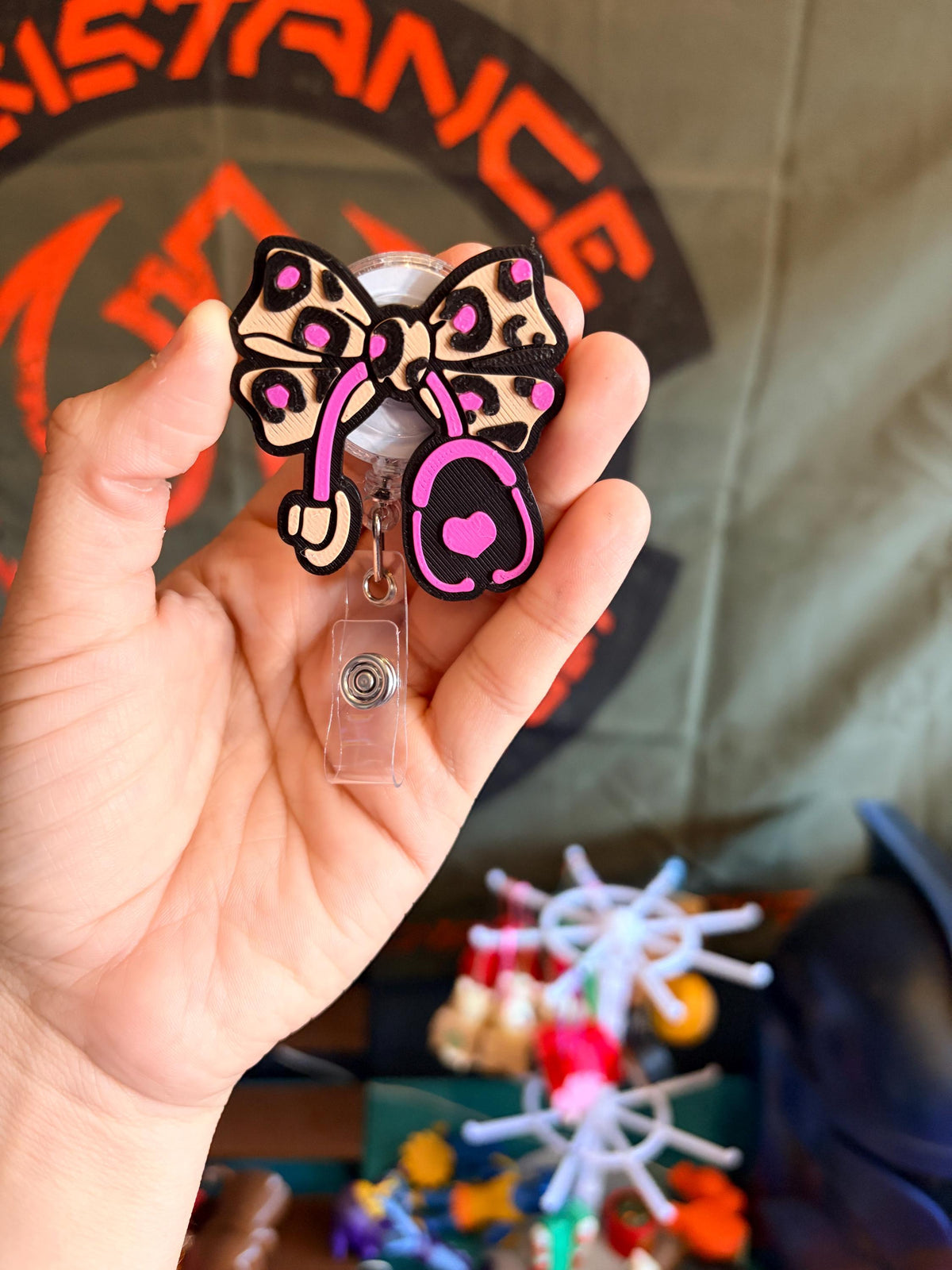 Leopard Bow Stethoscope Badge Reel | Pink Coquette Nurse ID Holder