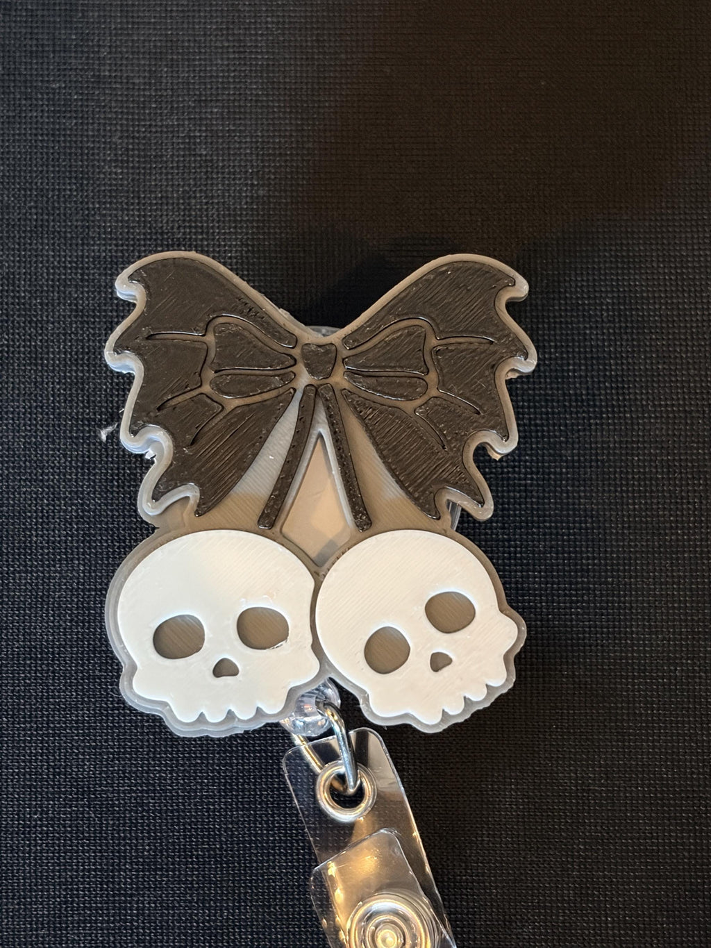 Skull Cherry Bow Badge Reel | Goth Coquette ID Holder | Spooky Dark Academia Lanyard Accessory