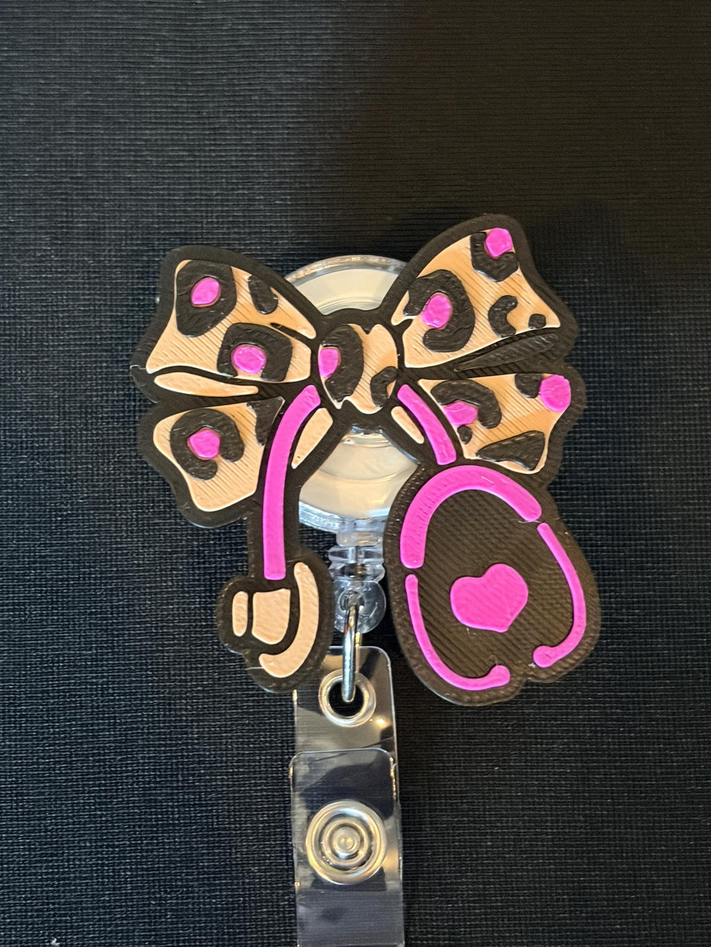 Leopard Bow Stethoscope Badge Reel | Pink Coquette Nurse ID Holder