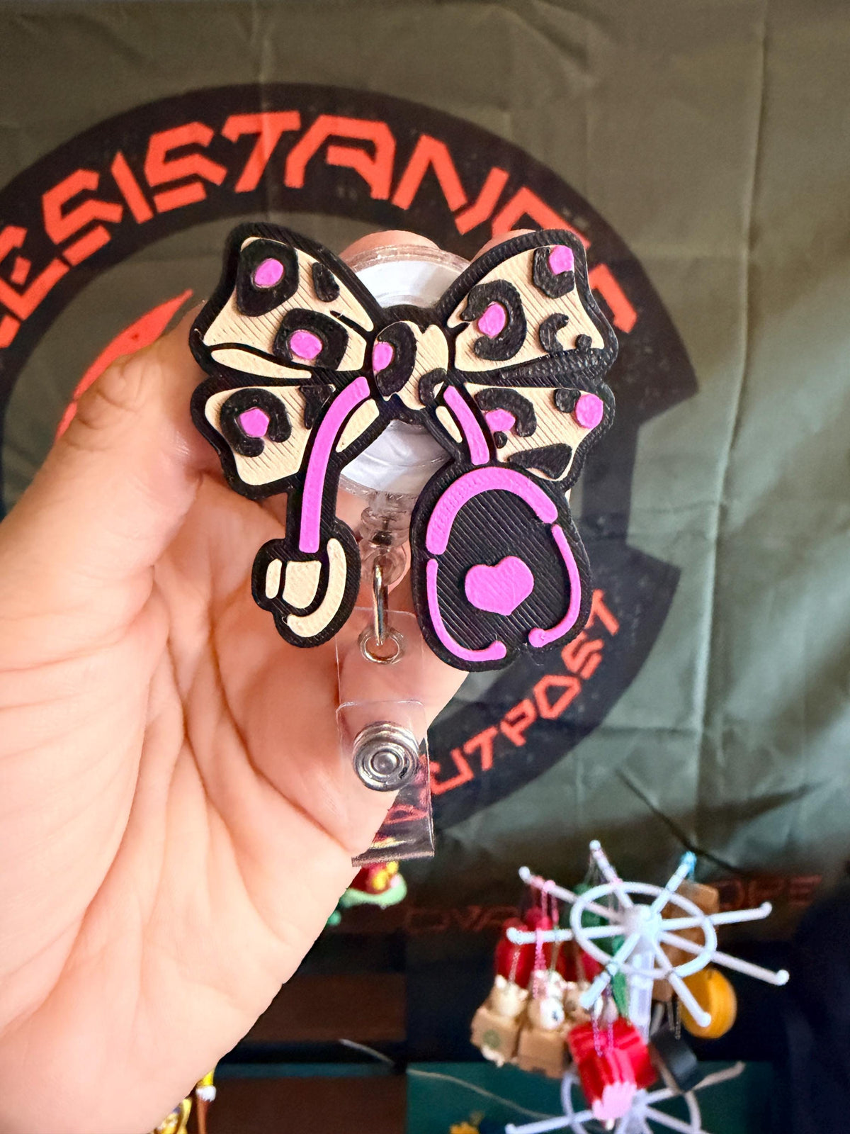 Leopard Bow Stethoscope Badge Reel | Pink Coquette Nurse ID Holder