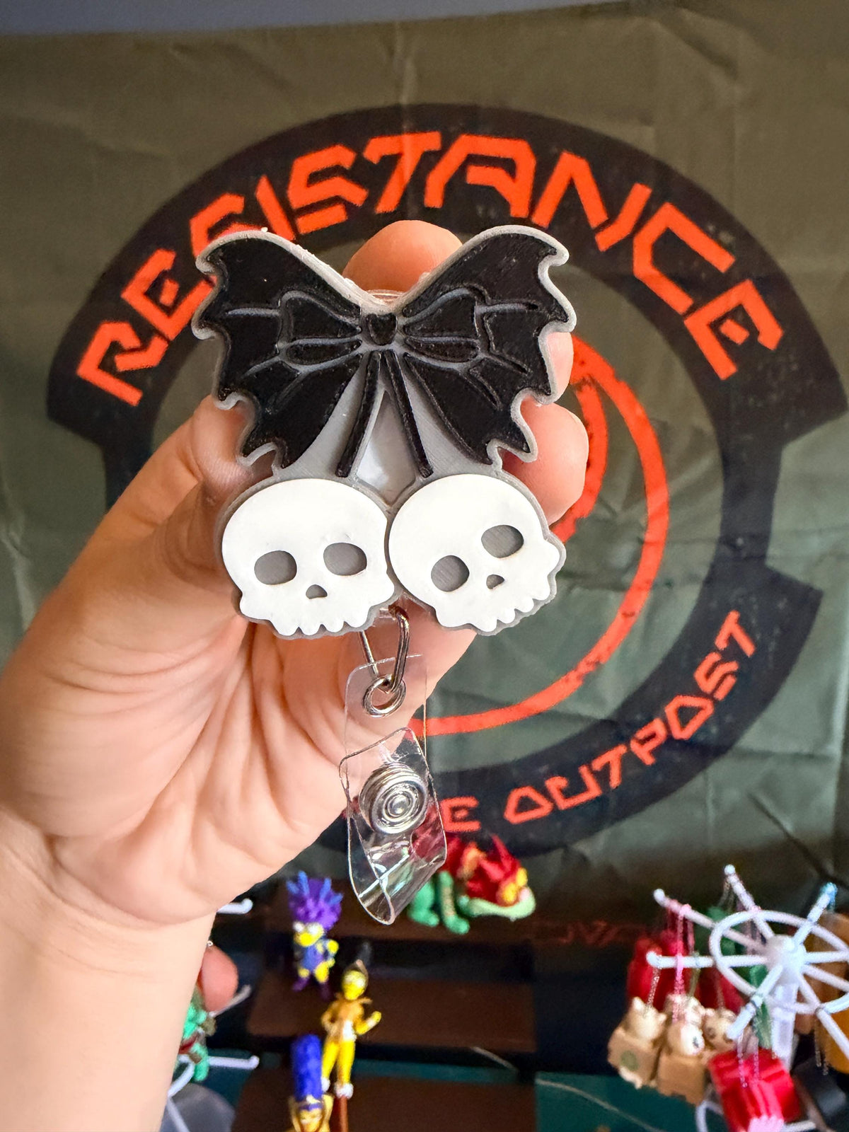 Skull Cherry Bow Badge Reel | Goth Coquette ID Holder | Spooky Dark Academia Lanyard Accessory