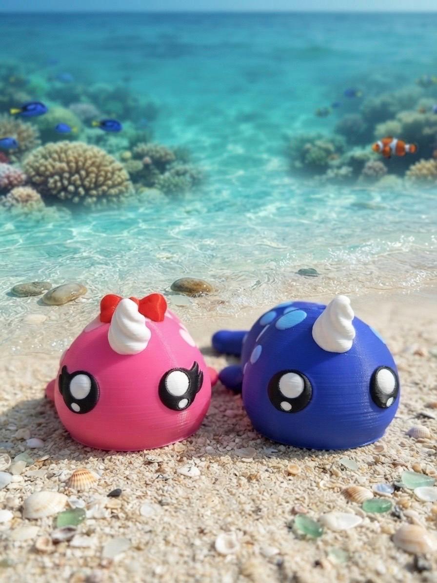 3D printed Flexi Narwhal Couple Fidget Toy - Articulated Ocean Animals - 8 Inch Pair