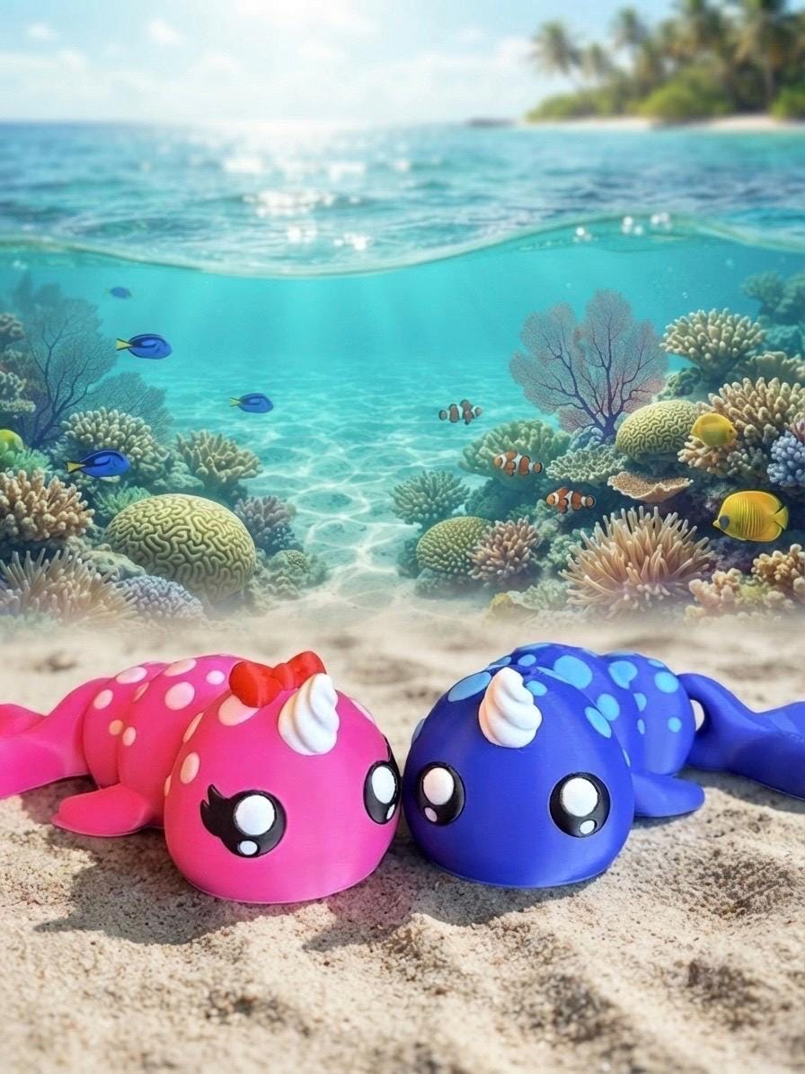 3D printed Flexi Narwhal Couple Fidget Toy - Articulated Ocean Animals - 8 Inch Pair