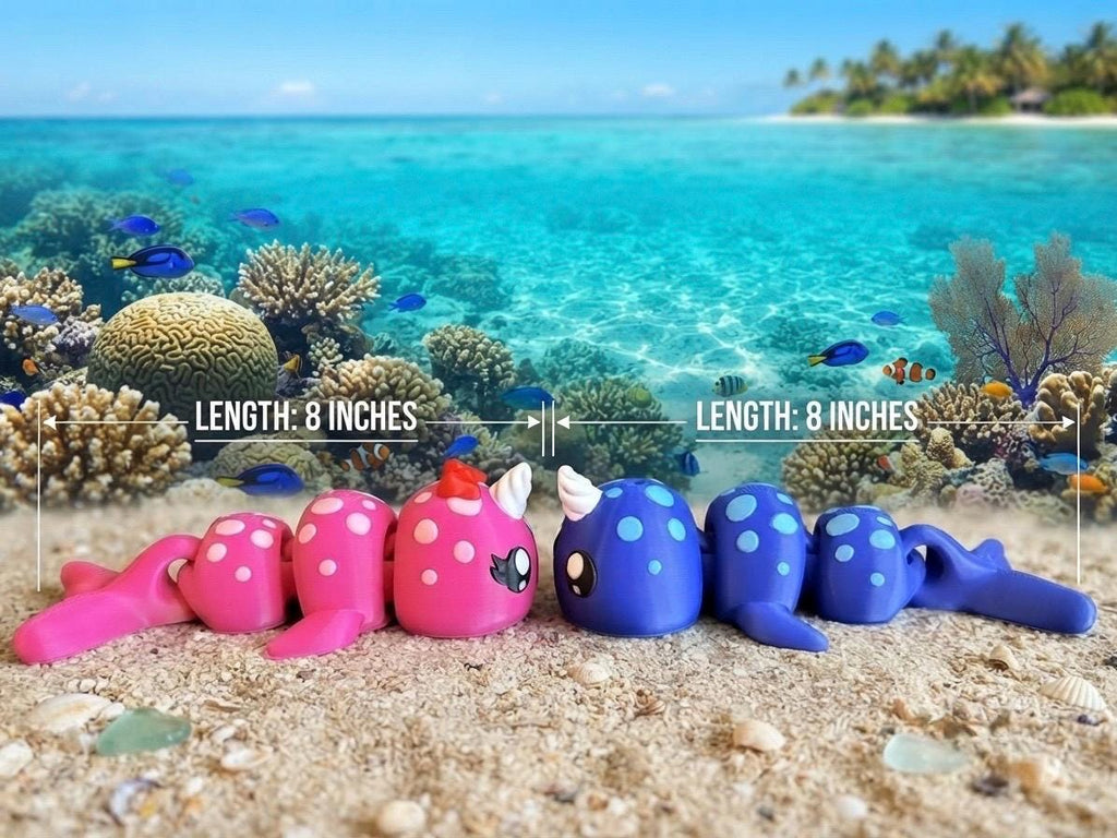 3D printed Flexi Narwhal Couple Fidget Toy - Articulated Ocean Animals - 8 Inch Pair