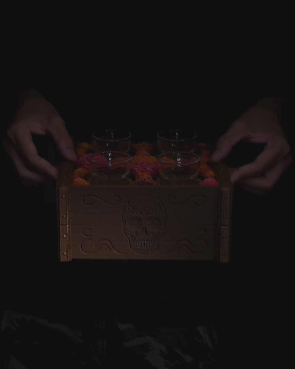 Day of the Dead Tequila Shot Glass Holder | Ofrenda Sugar Skull Marigold Crate | Dia de los Muertos Barware | Holds 4 Standard Shot Glasses